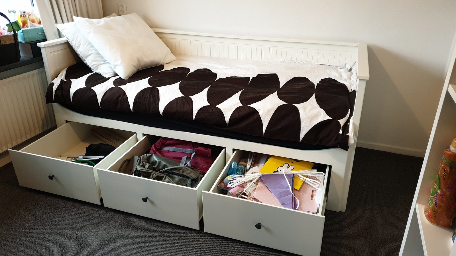 Hemnes Bedbank met 3 lades 80x200, Ophalen, Wit, Tweepersoons, 80 cm