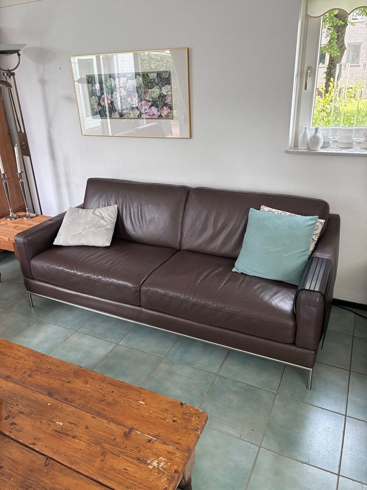 Natuzzi lederen bankstel in goede staat, Huis en Inrichting, Banken | Bankstellen, Ophalen, Gebruikt, Driepersoons, Rechte bank