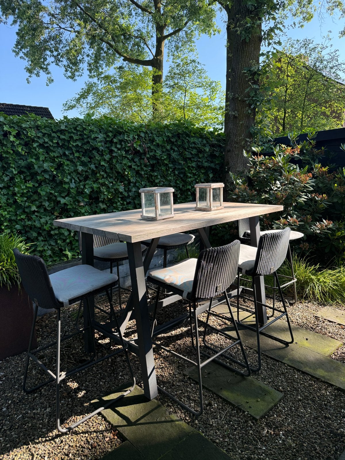 Outdoor teakhouten Bartafel  met 6 barkrukken, Ophalen, Gebruikt, Wicker