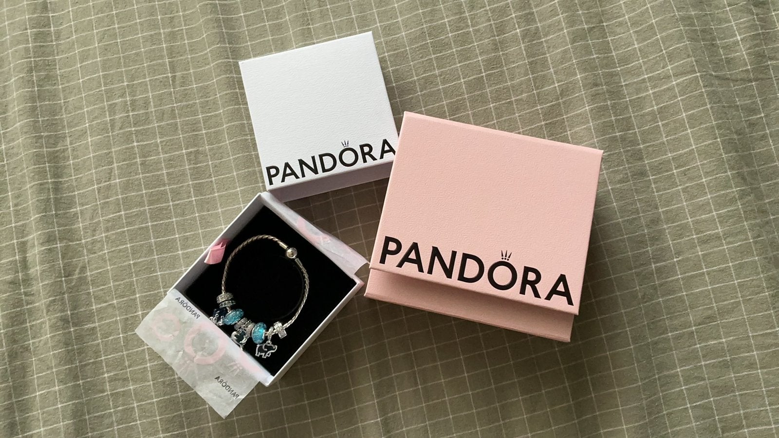 Pandora armband 9 bedels – sterling zilver & Muranoglas, Pandora, Nieuw, Ophalen of Verzenden, 4 bedels of meer