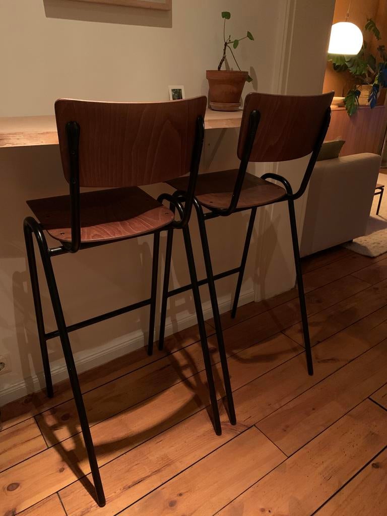 Set van 2 Vintage Houten Barkrukken met Metalen Frame, Ophalen, Gebruikt, 90 cm of meer, Hout
