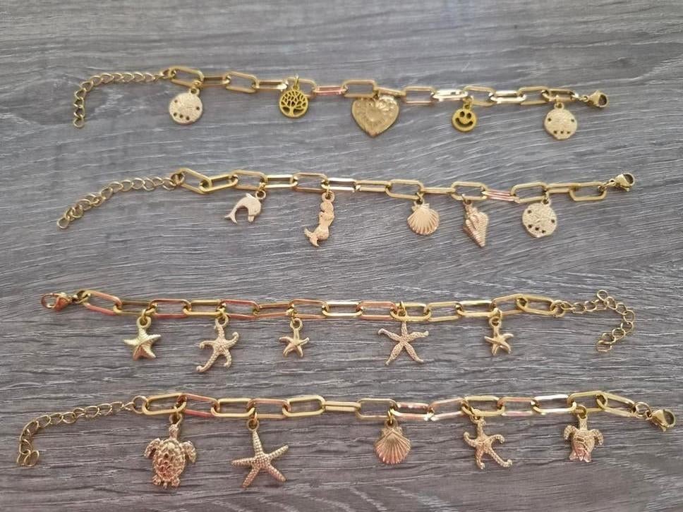 Roestvrijstalen bedelarmbandjes met 5 bedels, Staal, Verzenden, Nieuw, Met bedels of kralen