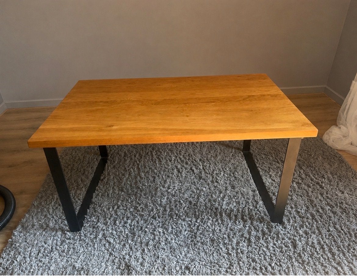 Op maat gemaakte salontafel eikenhout en staal, Ophalen, Stoer, Eikenhout, 50 tot 100 cm