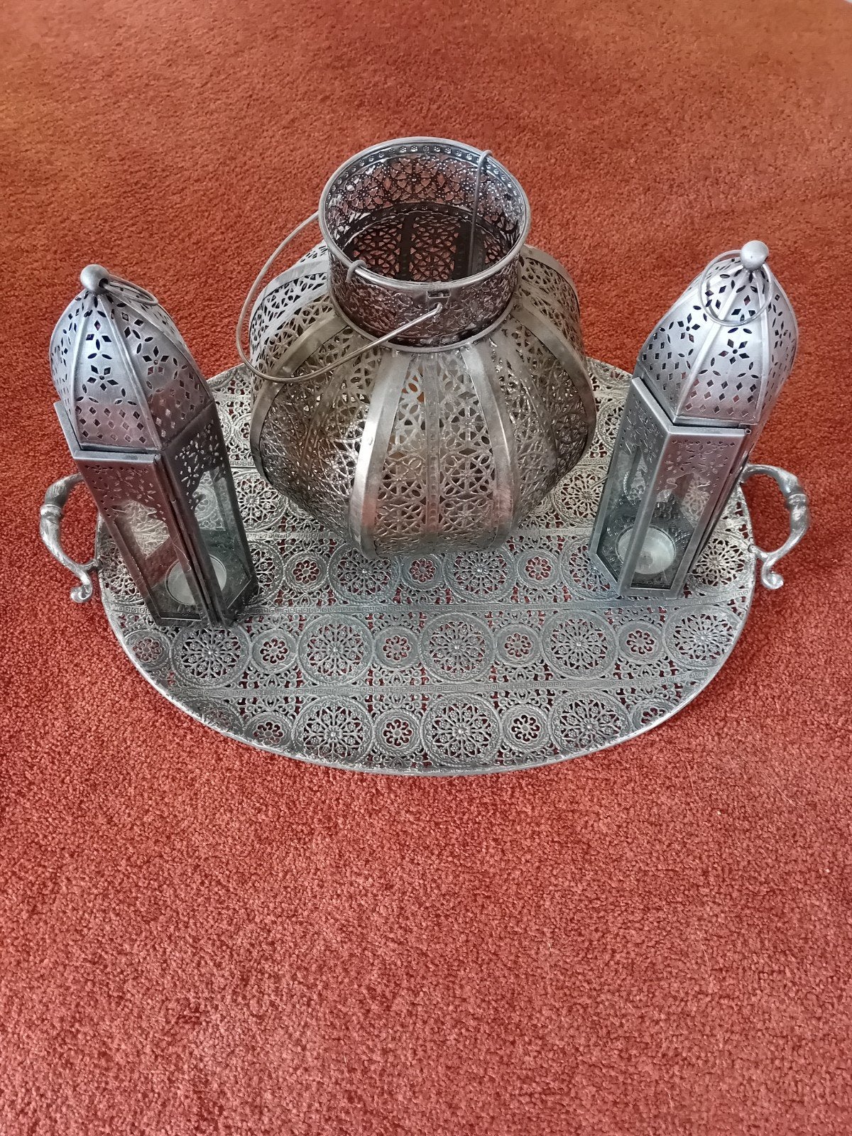 Set van 3 Marokkaanse lantaarns/windlichten met dienblad, Huis en Inrichting, Woonaccessoires | Kandelaars en Kaarsen, Ophalen