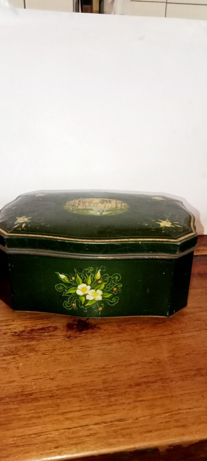 Antieke D.E. blik met kasteel en bloemmotief, Ophalen of Verzenden, Gebruikt, Koek(jes), Douwe Egberts