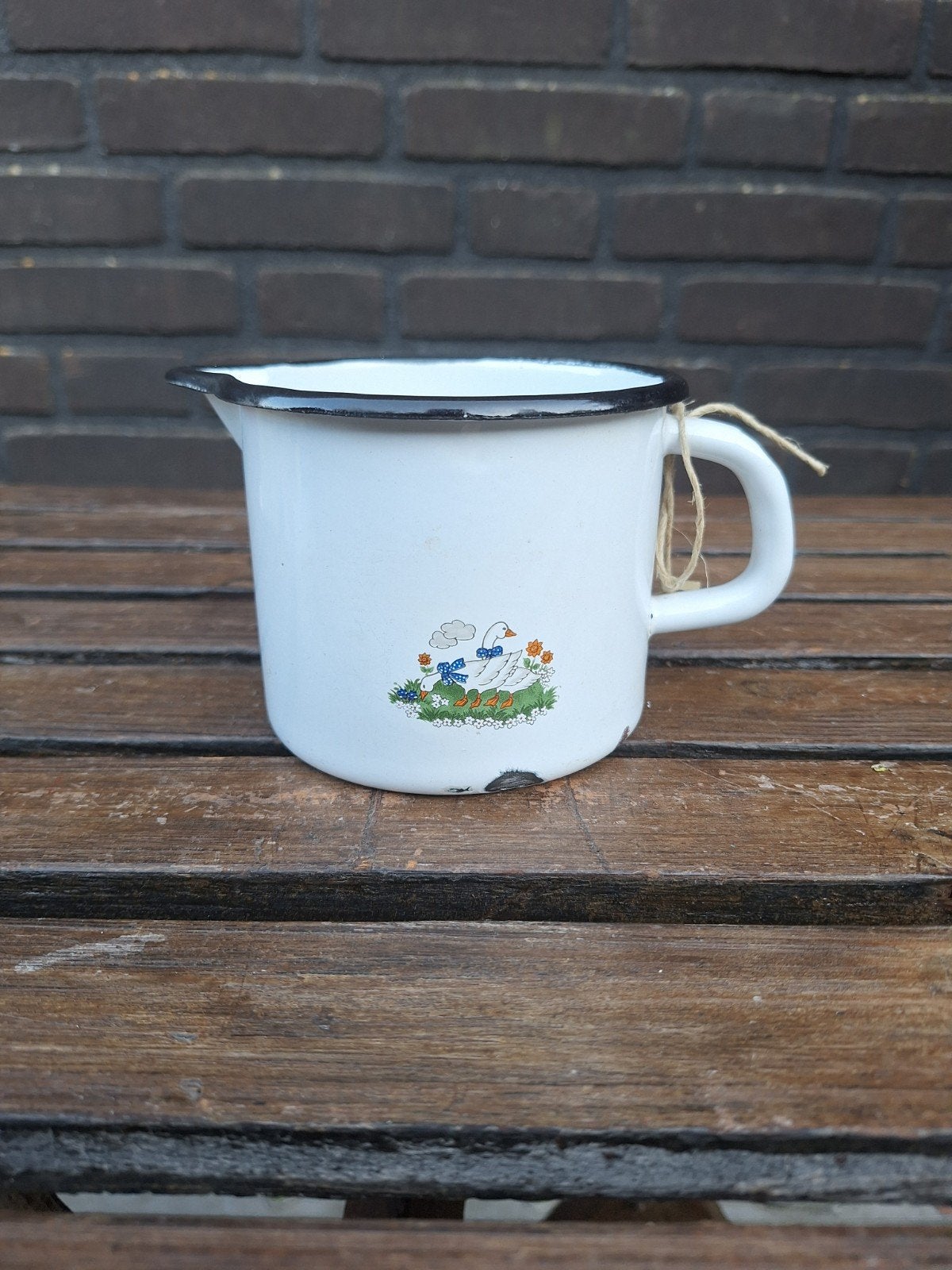 Vintage emaille beker/kan met gans decoratie, Ophalen of Verzenden