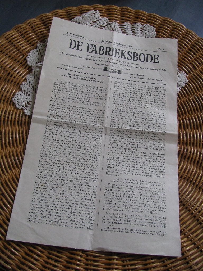 Gist & Spiritus fabriek Delft * Fabrieksbode * 01.02.1936, Ophalen of Verzenden, Gelezen, Krant