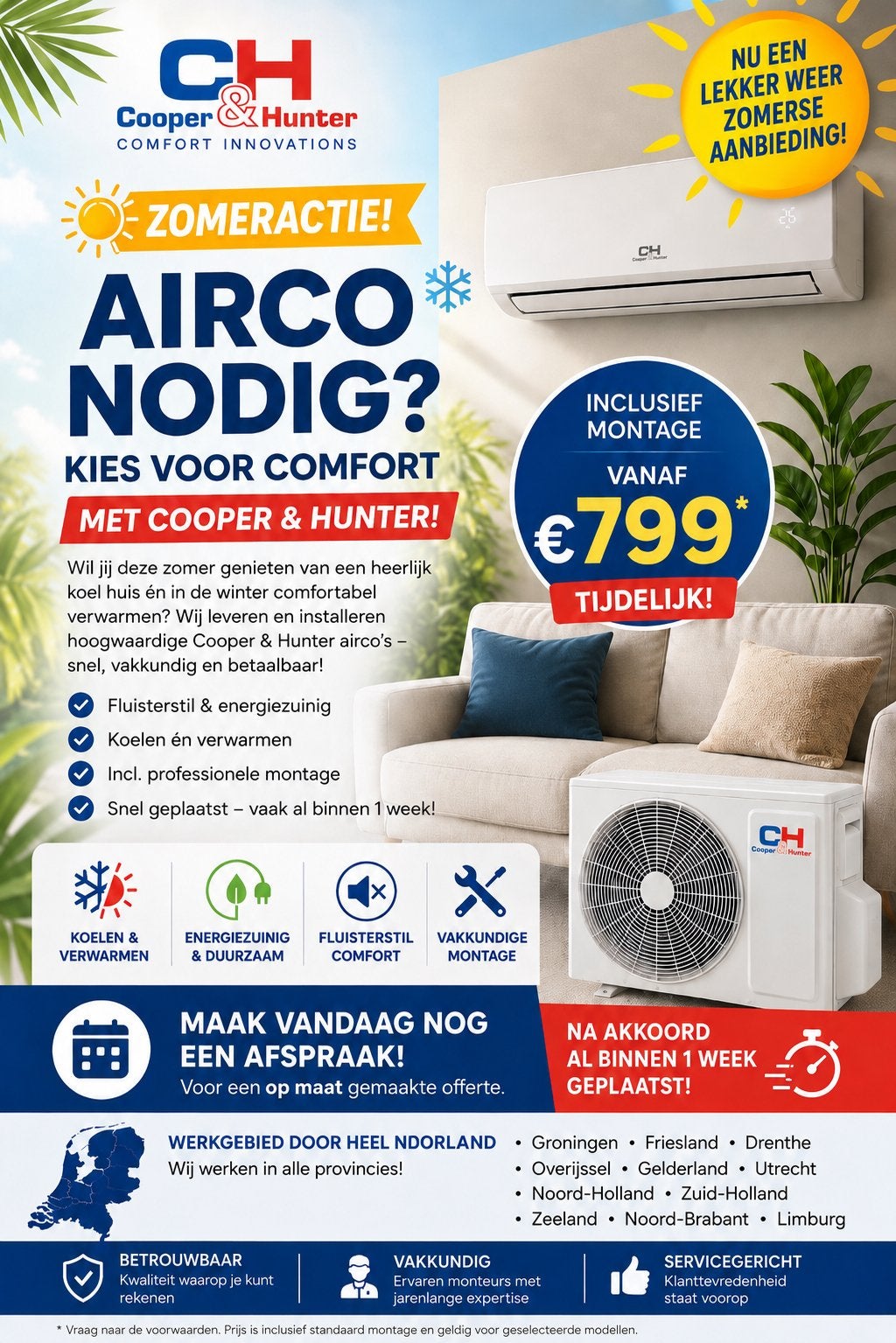 Airco inclusief montage - Koelen & Verwarmen, Witgoed en Apparatuur, Airco's, Ophalen, Nieuw, 3 snelheden of meer, Energieklasse A of zuiniger
