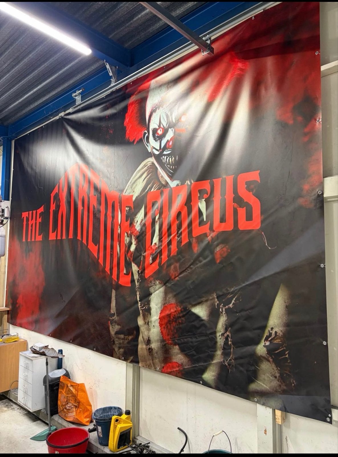 Groot Halloween Horror Clown Canvas Doek - 5x3m, Overige thema's, Textiel, Ophalen of Verzenden, Zo goed als nieuw