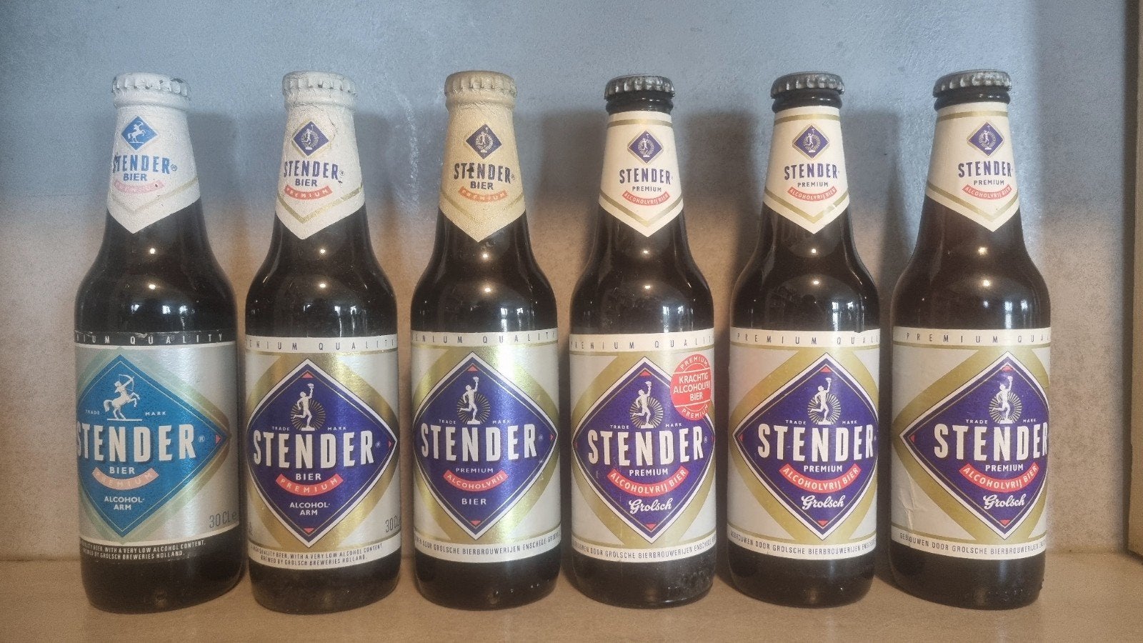 6 soorten Stender '90-'92, Grolsch, Enschede-Groenlo, Ophalen of Verzenden, Zo goed als nieuw, Flesje(s), Grolsch