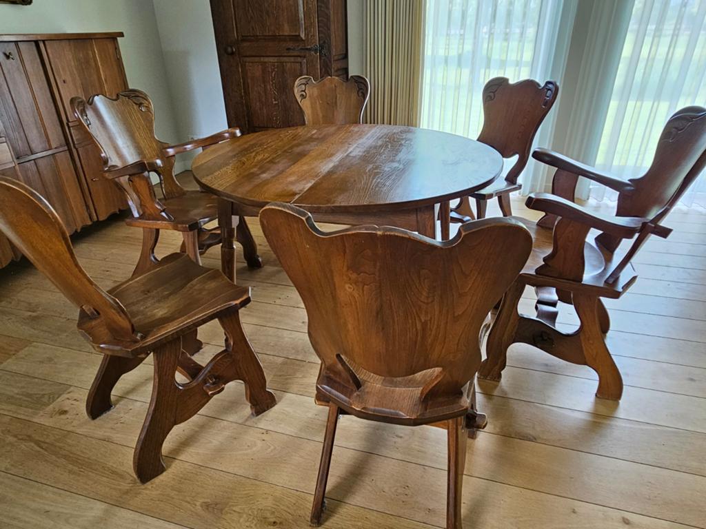 Vintage retro design jaren 50 eethoek Meeuwis Oirschot eiken, Ophalen, Gebruikt, 4 tot 6 stoelen