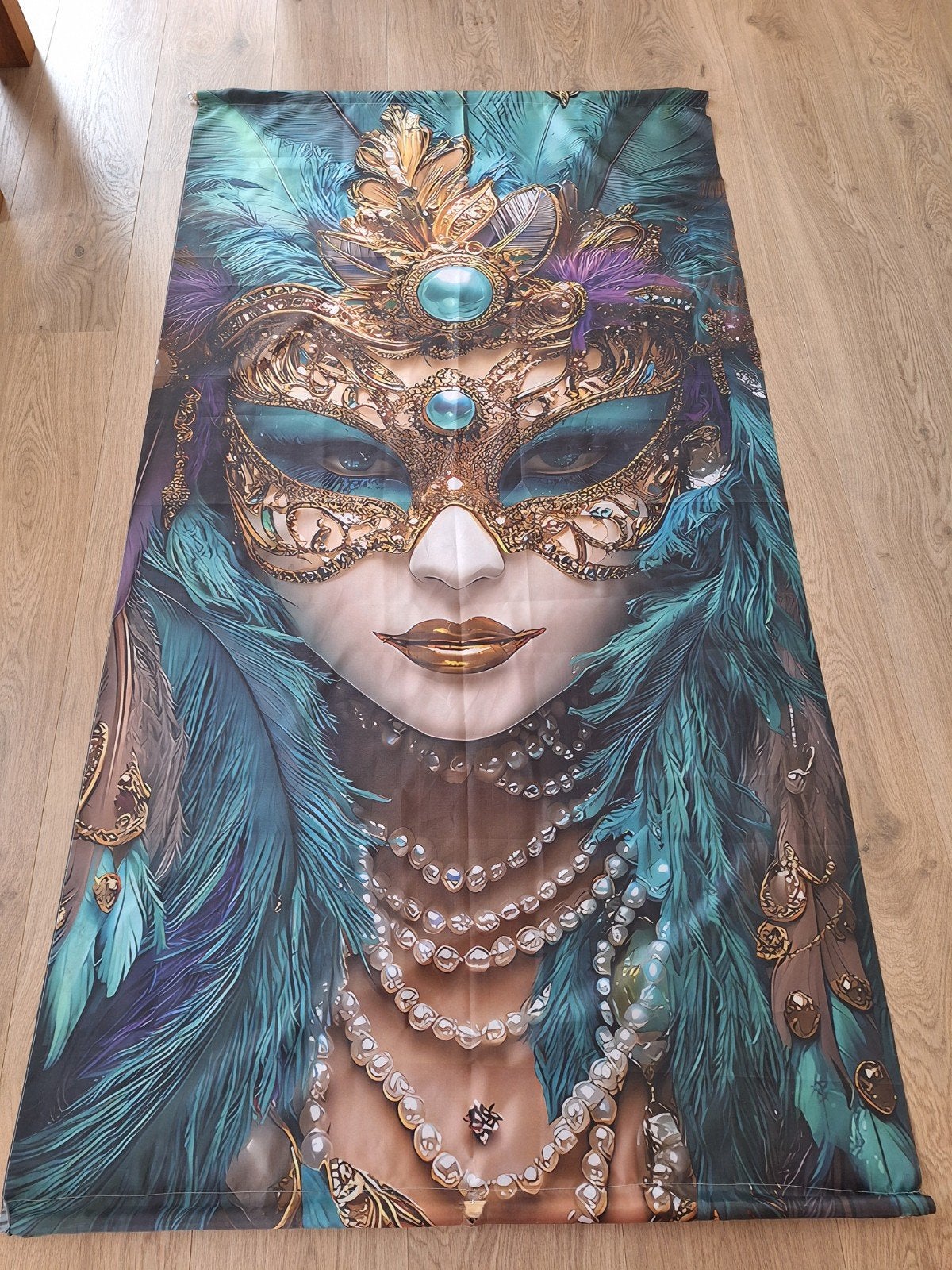 Wandkleed met afbeelding van Venetiaans masker, Blauw, 150 tot 200 cm, Rechthoekig, 50 tot 100 cm