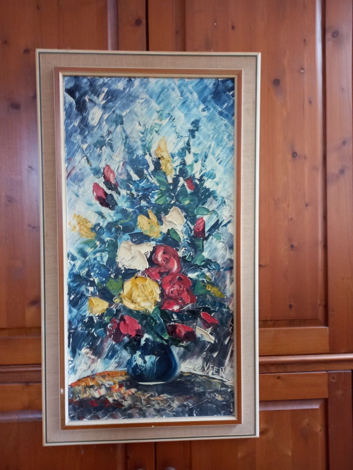 Vintage schilderij "Gemixt boeket" van schilder Van de Veer., Doek, Ophalen of Verzenden, Klassiek, Pastel