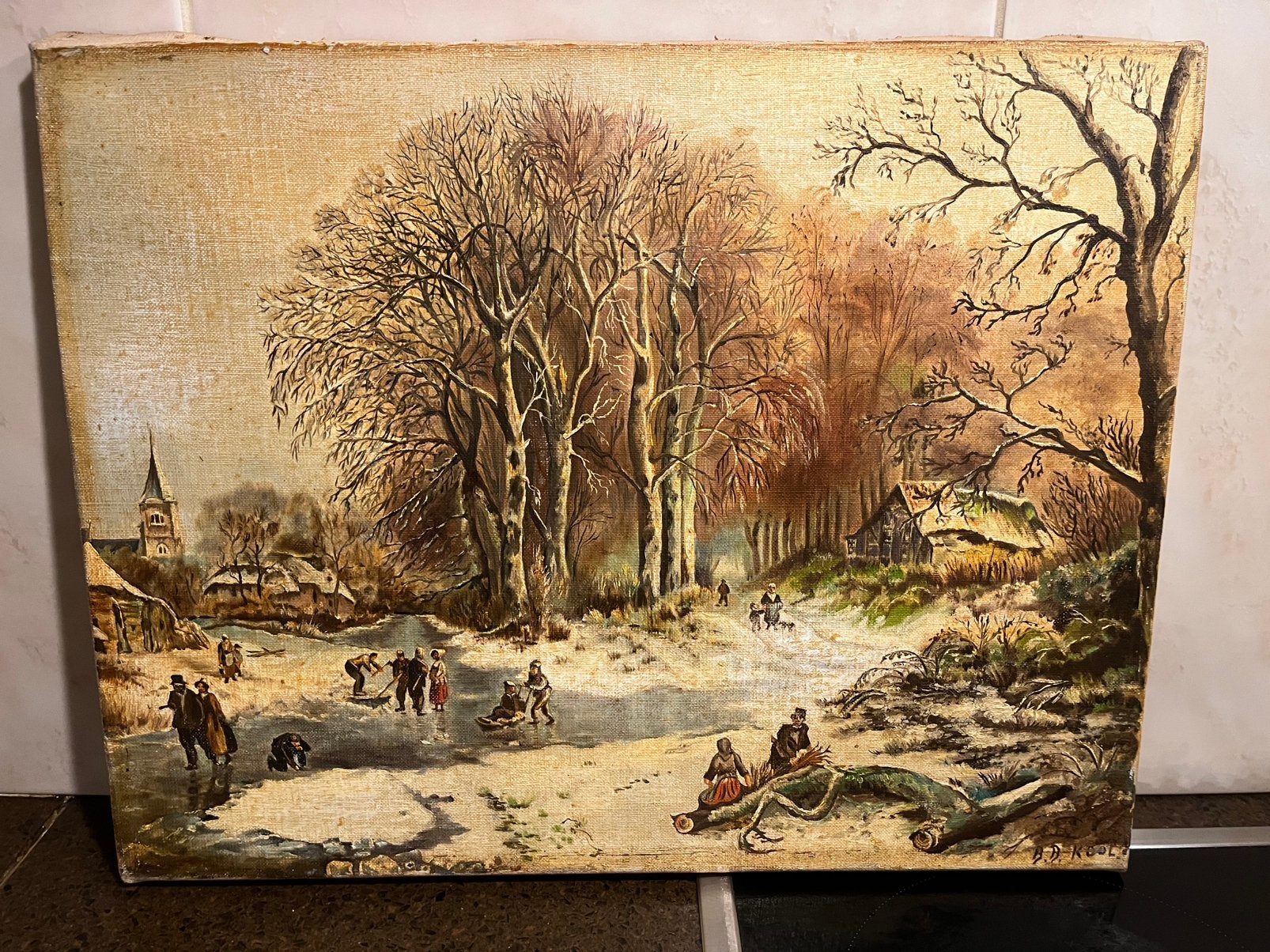 Antiek olieverf winterlandschap schilderij, Ophalen