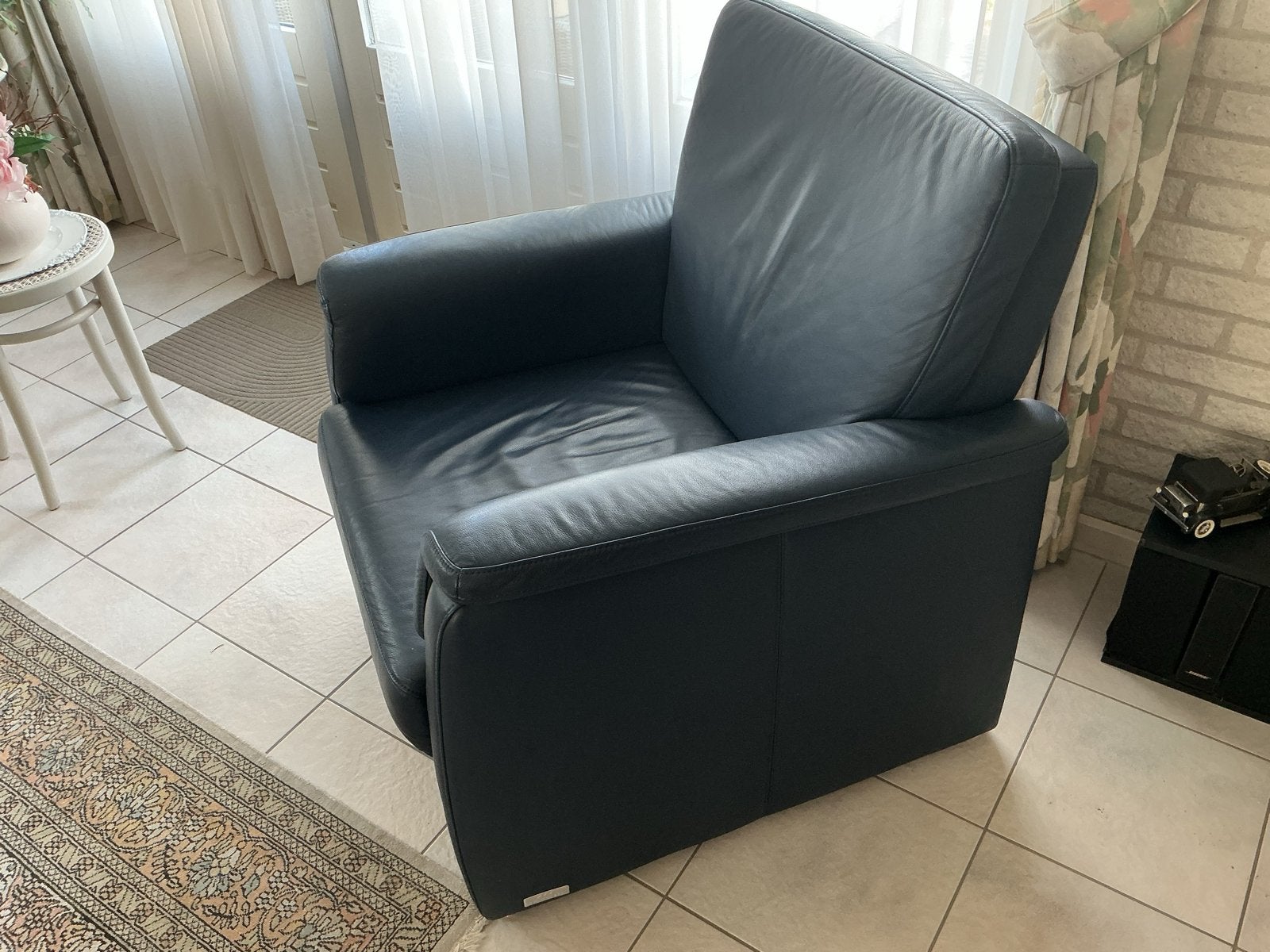 Leren fauteuil - Donkerblauw, Huis en Inrichting, Fauteuils, Ophalen, Gebruikt, Leer, 75 tot 100 cm