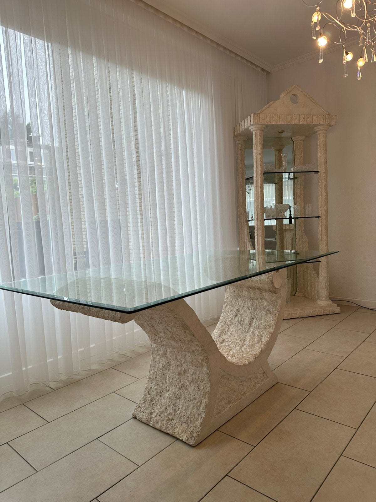 Italiaanse travertin eetkamerset/ meubelset, Ophalen, 200 cm of meer, Rechthoekig, Glas