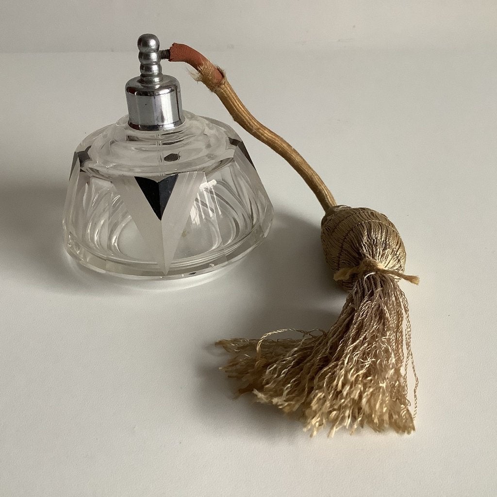 art deco parfumfles met puffer en flosje, Ophalen of Verzenden