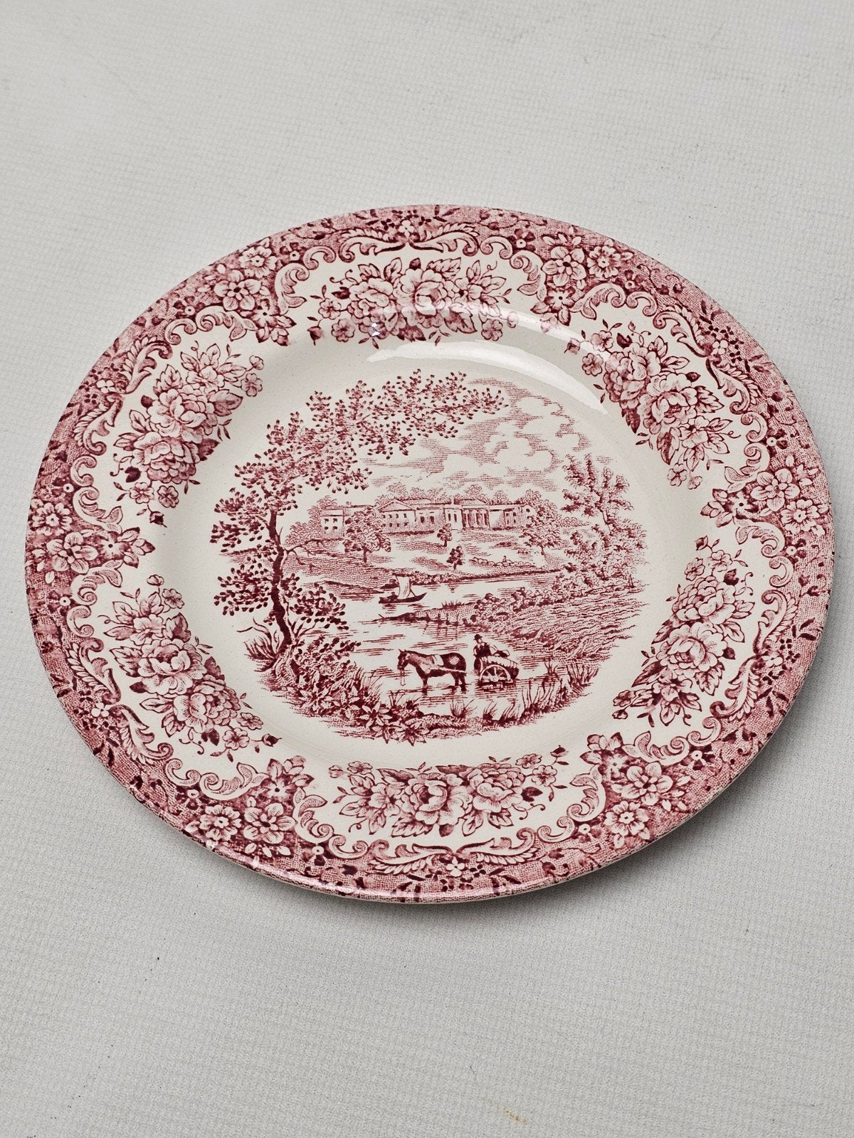 # 6 stuks English Ironstone gebakbordje met rood decor, Ophalen of Verzenden