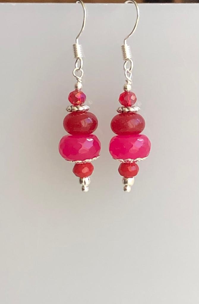 Oorbellen, roze en rode facet Jade , rode Agaat en kristal, Hangers, Nieuw, Roze, Zilver