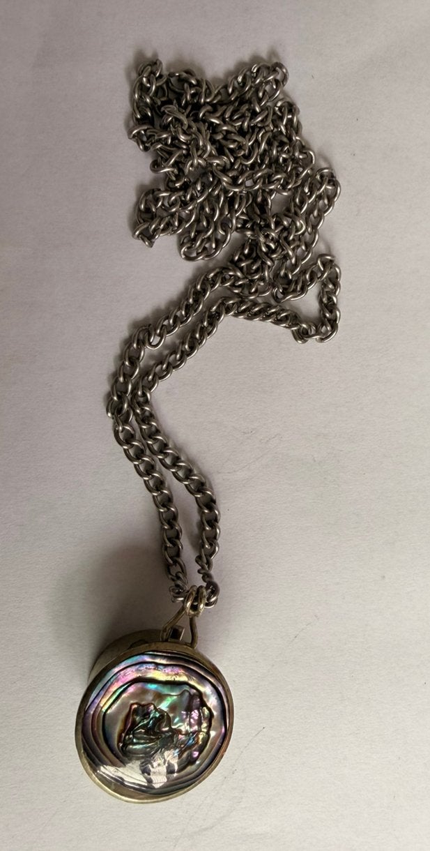 Zilverkleurige ketting met abalone hanger, Gebruikt, Verzenden, Zilver, Overige materialen