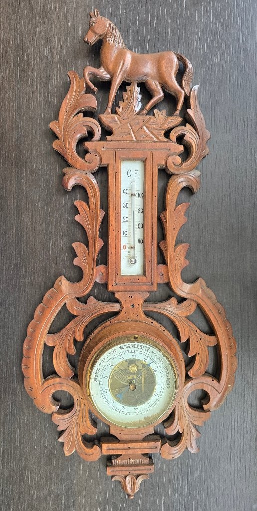 Antieke Houten Thermo- en Barometer met Paard, Ophalen of Verzenden, Gebruikt