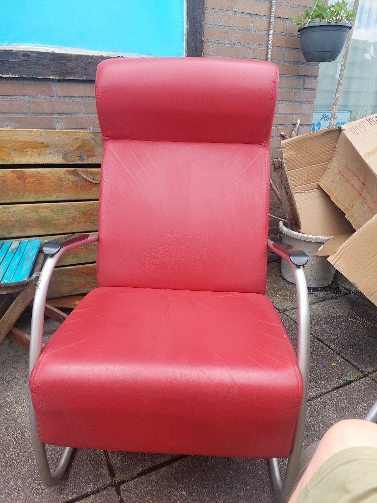Skai leer rode fauteuil te koop., Huis en Inrichting, Fauteuils, Ophalen, Gebruikt, Minder dan 75 cm, Vintage