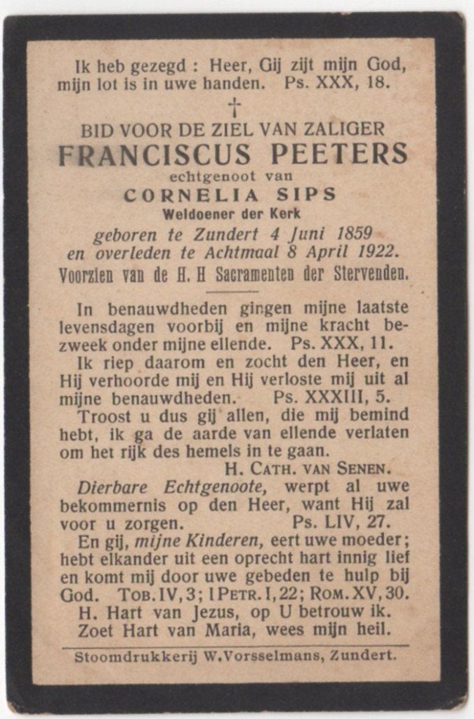Franciscus Peeters 1859 Zundert + 1922 Achtmaal, 62 jaar, Verzenden