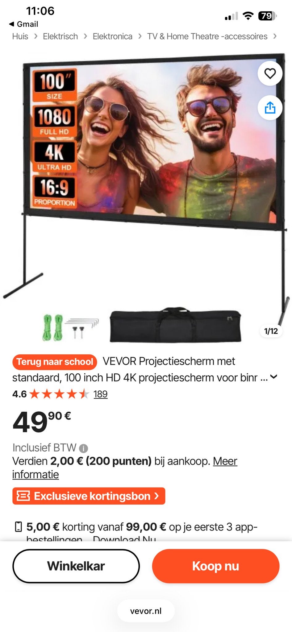 VEVOR Projectiescherm met standaard 100 inch 4K, Ophalen, Handmatig, Zo goed als nieuw
