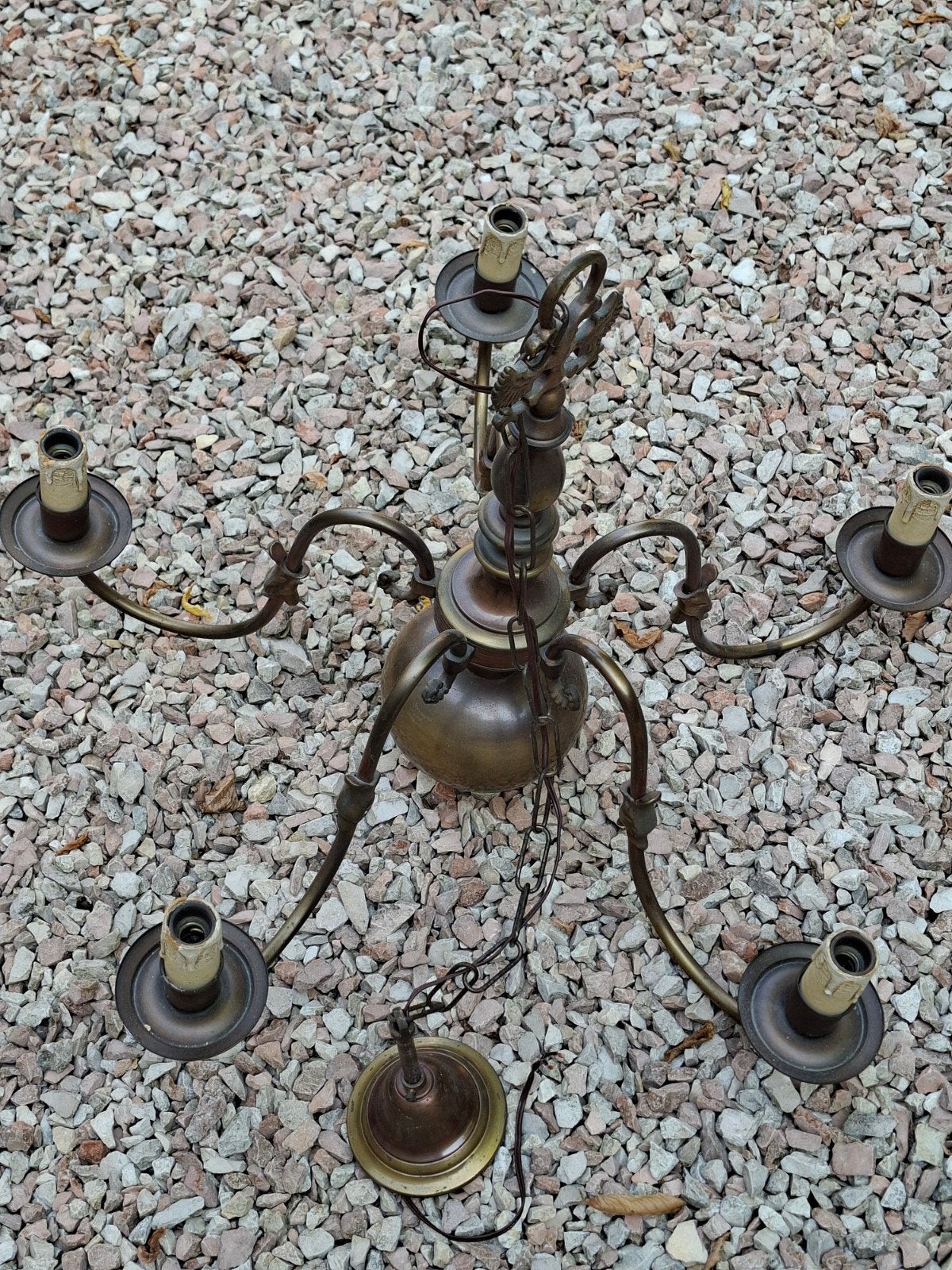 Antieke Messing Kroonluchter met 5 Armen, Ophalen