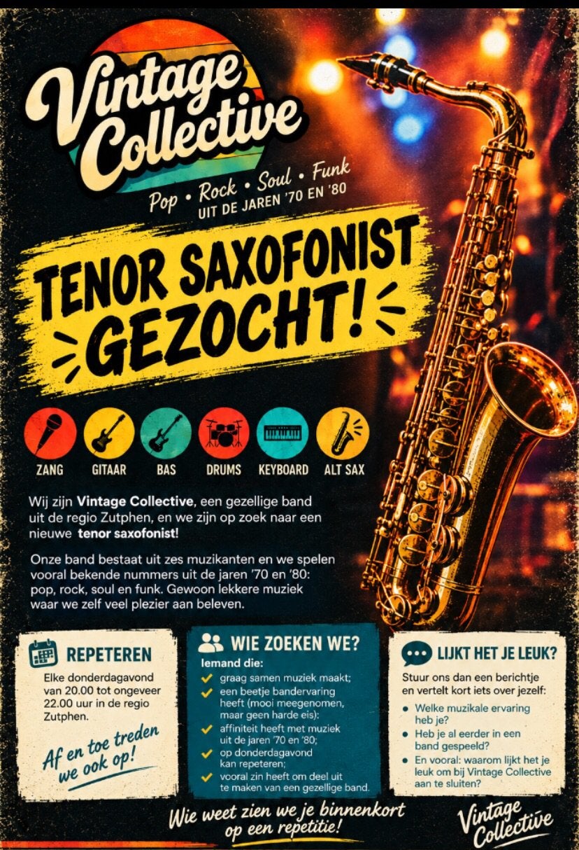 (Tenor) saxofonist gezocht voor band in Zutphen, Ophalen of Verzenden, Zo goed als nieuw, Tenor