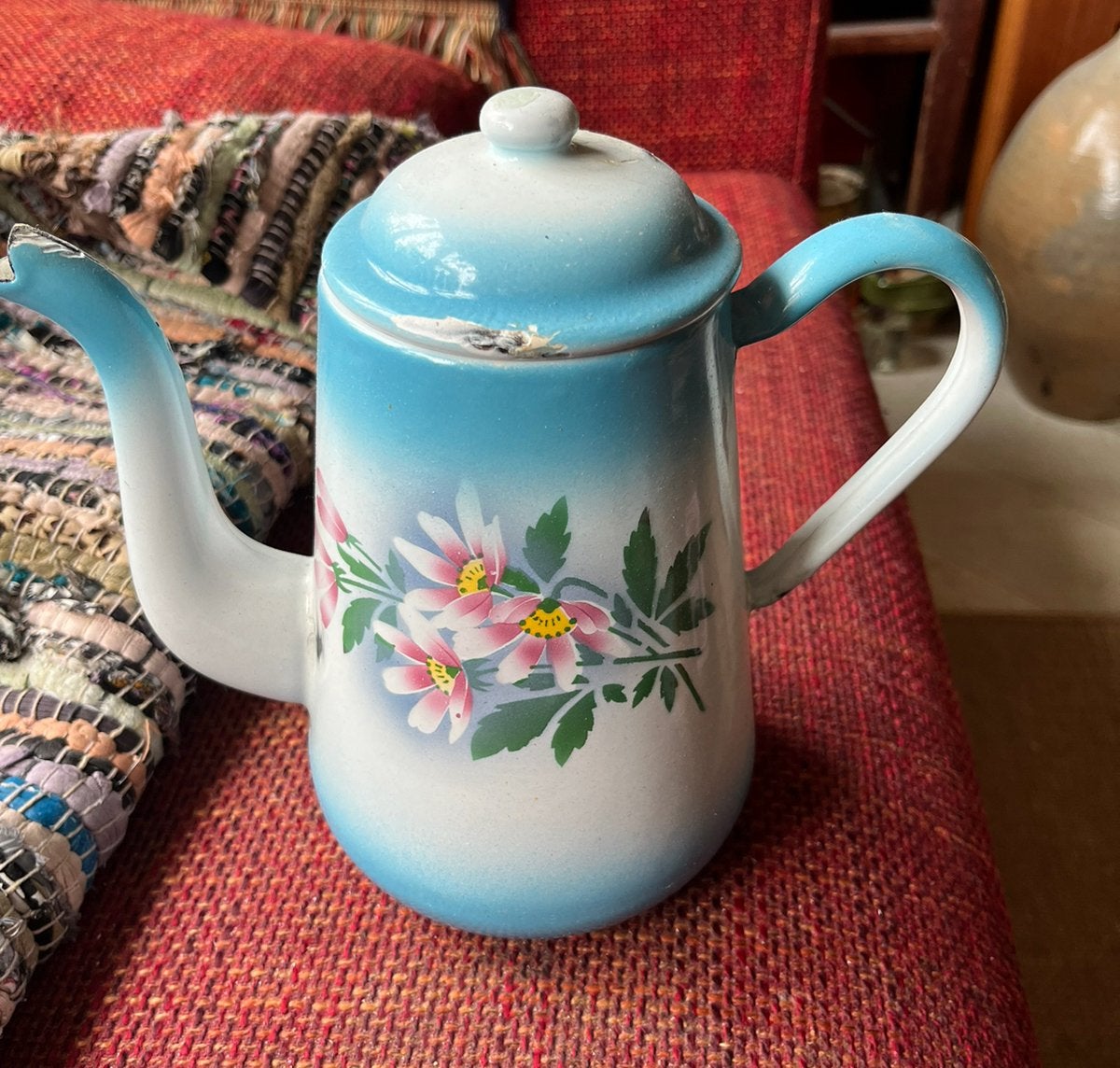 Antiek Emaille Koffiepot met afbeelding Bloemen, Antiek en Kunst, Antiek | Emaille, Ophalen of Verzenden