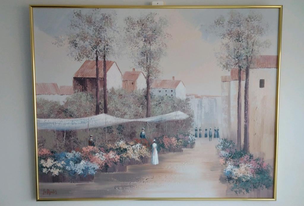 Groot schilderij van Lee Reynolds "dame op bloemenmarkt", Ophalen