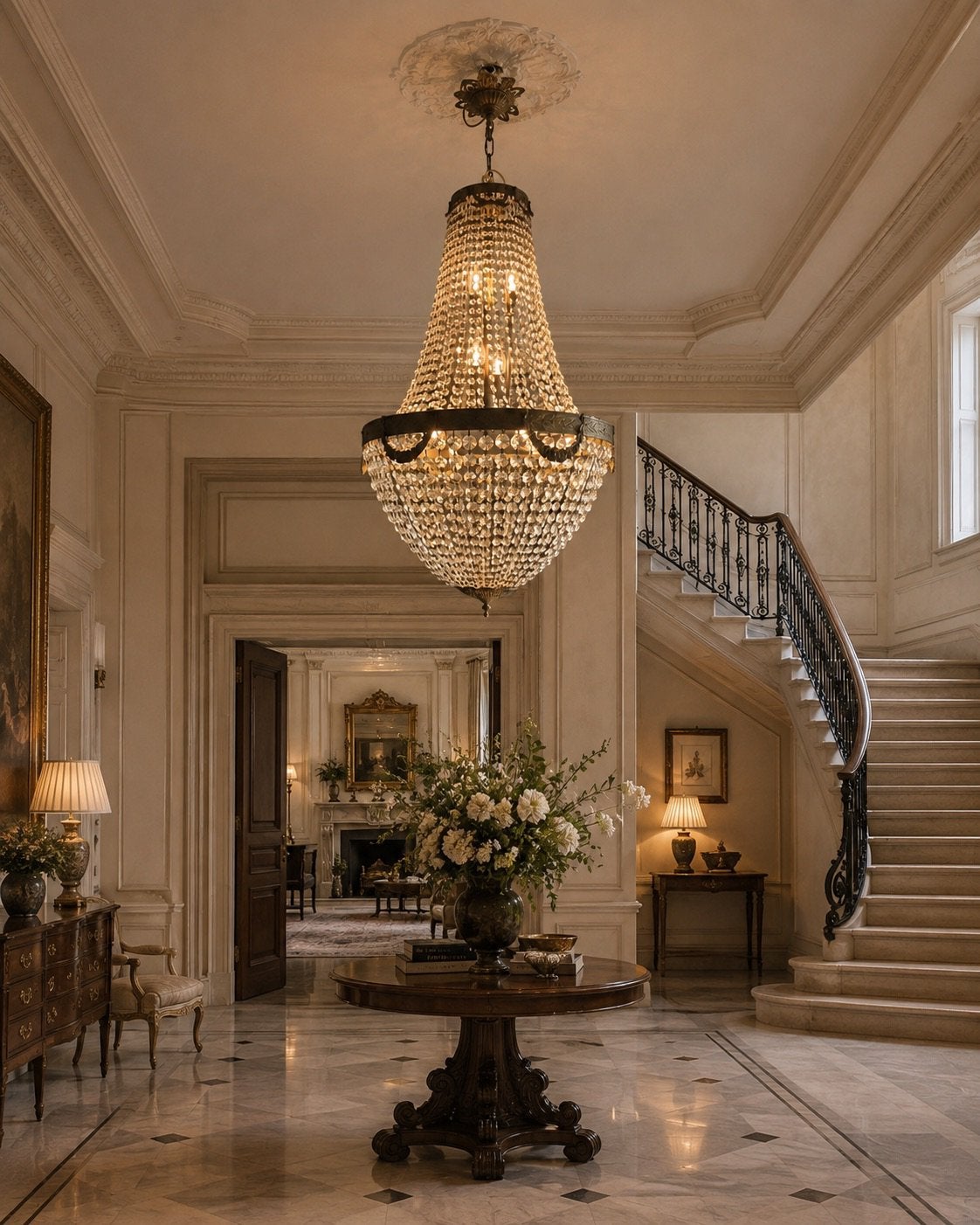 Imposante Empire vintage kristallen kroonluchter, Huis en Inrichting, Lampen | Kroonluchters, Ophalen of Verzenden, Zo goed als nieuw