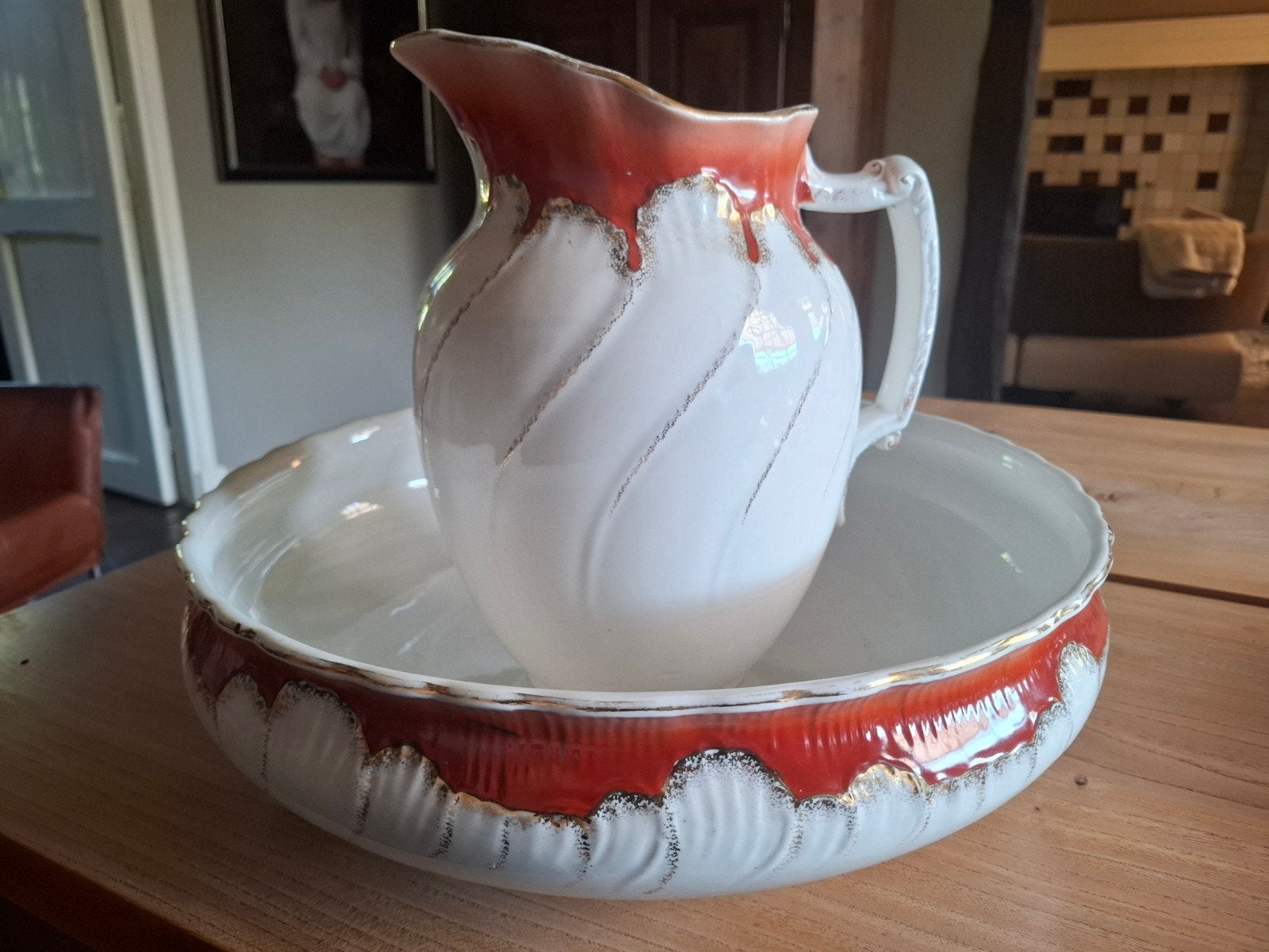Prachtige antieke lampetkan en schaal - Boch ?Frères Keramis, Antiek en Kunst, Ophalen