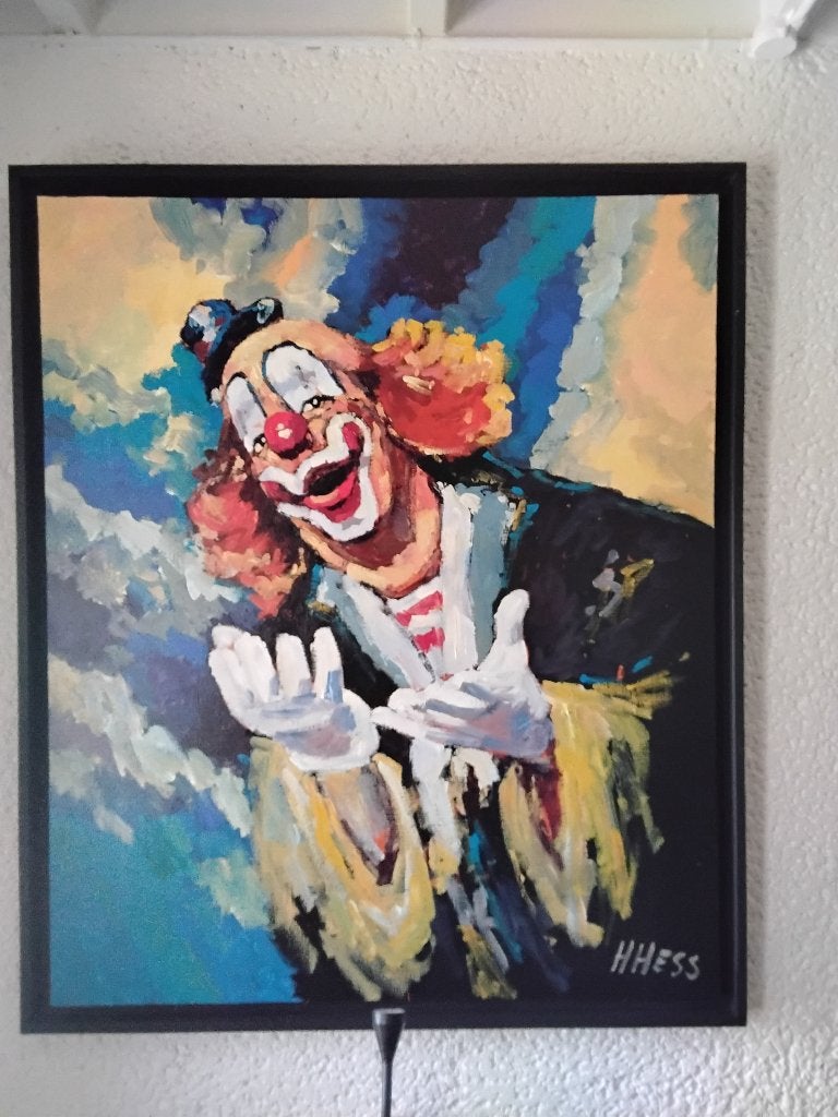 Henri Hess, grappende Clown,olieverf op linnen 128x108 cm., Figuren, Handgeschilderd, Ophalen of Verzenden, Olieverf