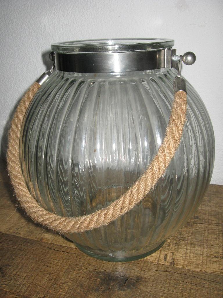 bolle vaas glas met hengsel van touw, Huis en Inrichting, Woonaccessoires | Vazen, Ophalen, Overige kleuren, Minder dan 50 cm