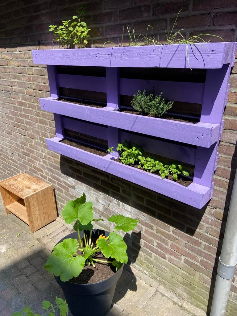 Paarse plantenbak van pallet, Tuin en Terras, Bloembakken en Plantenbakken, Ophalen, 100 cm of meer, Zo goed als nieuw, Balkon