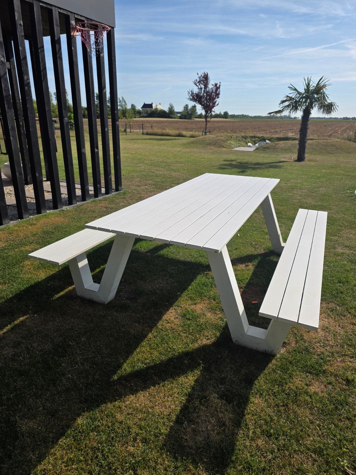 Witte aluminium picknicktafel voor buiten - Gebruikt, Tuin en Terras, Picknicktafels, Ophalen, Gebruikt, Rechthoekig, Hout