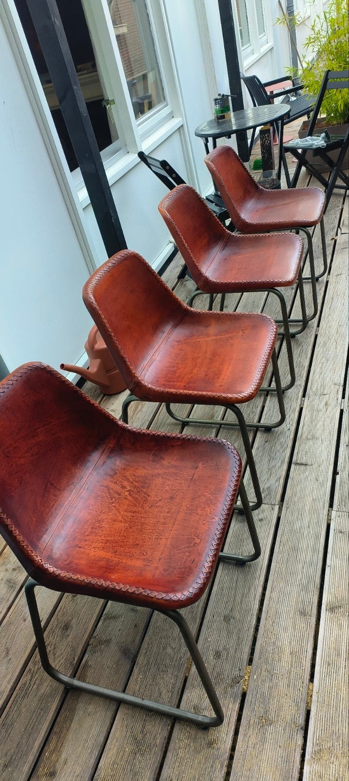 Set van 4 vintage leren stoelen - industrieel design, Huis en Inrichting, Stoelen, Ophalen, Gebruikt, Bruin, Industrieel, Vintage
