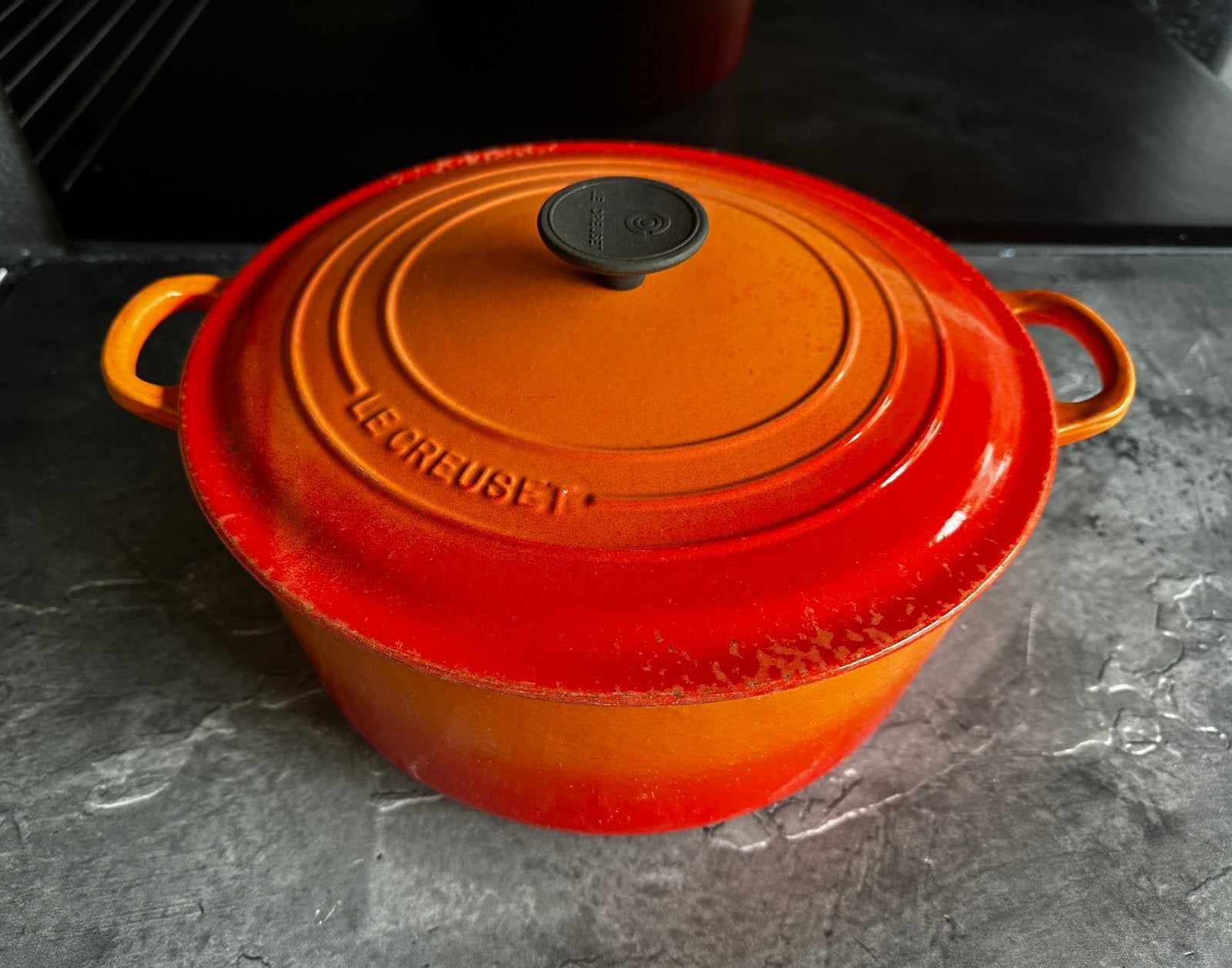 Le Creuset  pan - braadpan oranje rood 28 cm., Gebruikt, Geschikt voor inductie, Le Creuset, Ophalen of Verzenden