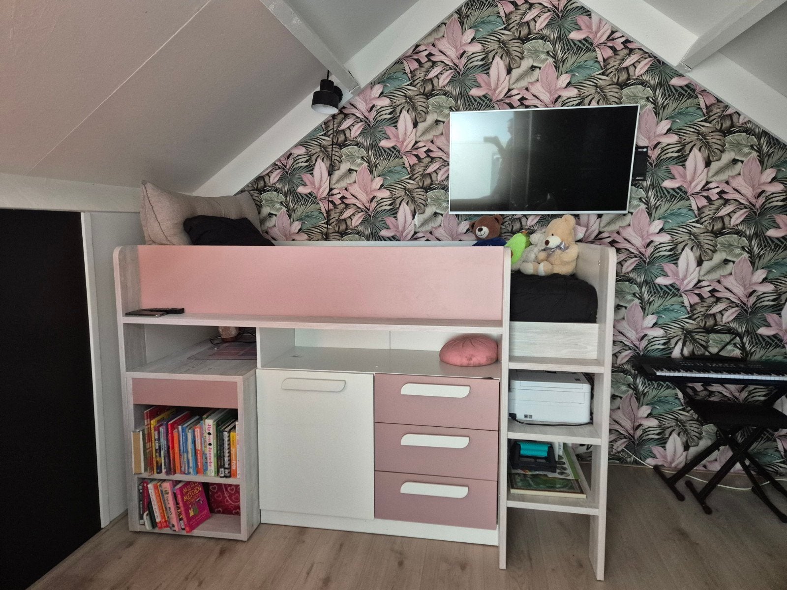 Halfhoogslaper met bureau en opbergruimte - Roze/Wit, Ophalen, 90 cm, Eenpersoons, Minder dan 160 cm