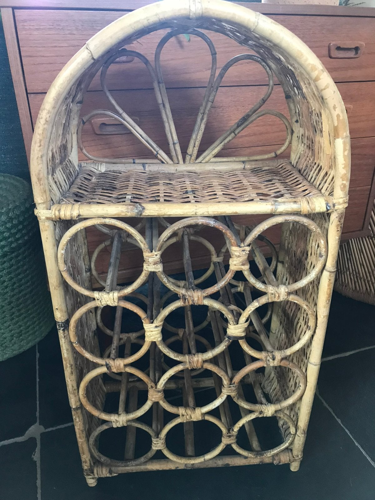 Vintage / retro wijnrek rotan Boho / Bohemian 12 flessen, Huis en Inrichting, Woonaccessoires | Wijnrekken, Ophalen, Gebruikt