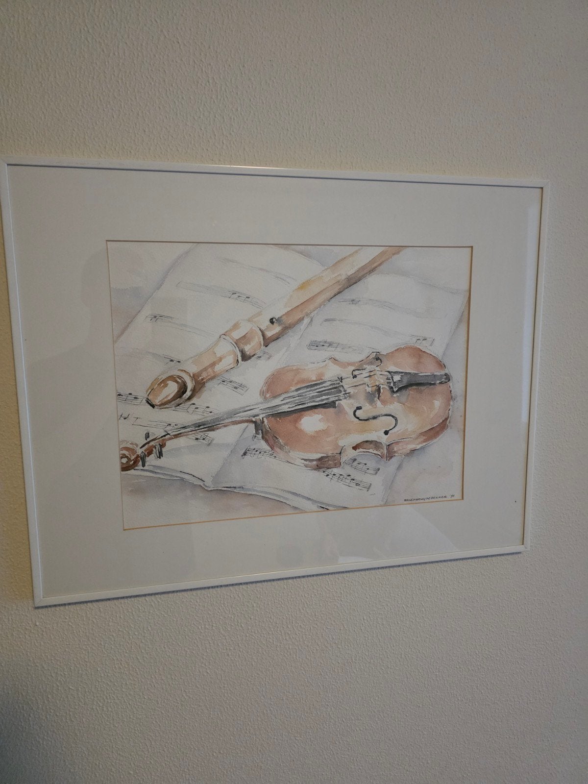 Schilderij met viool en blokfluit, ingelijst, Antiek en Kunst, Ophalen