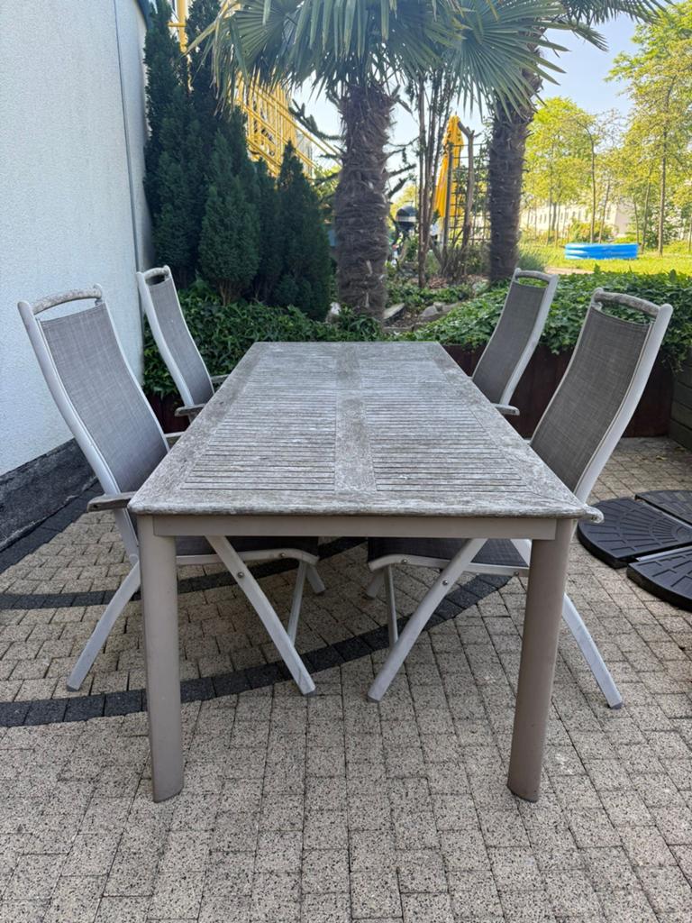 Teakhouten tuintafel met 4 stoelen - uitschuifbaar, Tuin en Terras, Tuintafels, Ophalen, Gebruikt, Rechthoekig, Teakhout