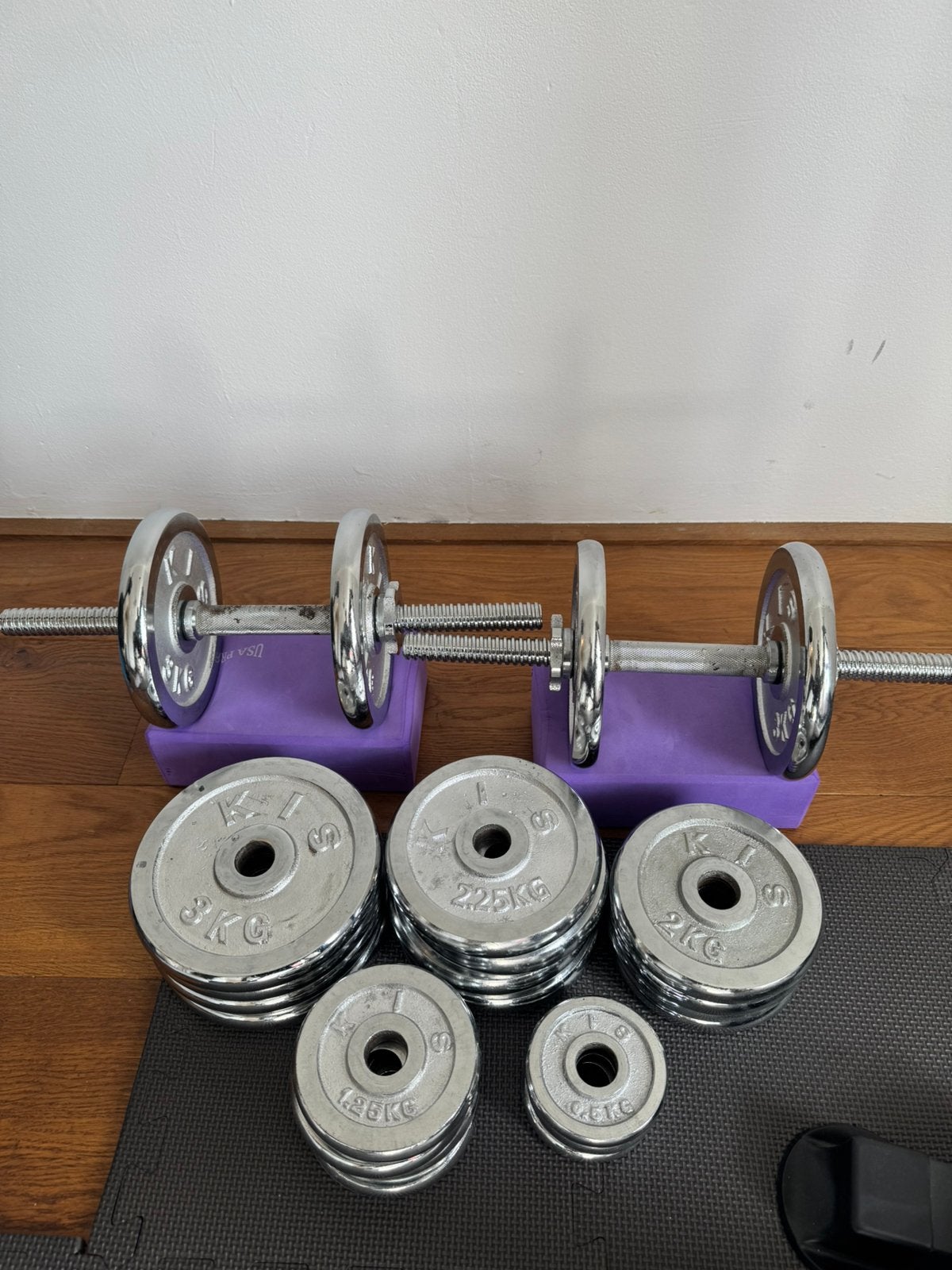 Dumbellset 30mm met 48kg gewichtschijven, Sport en Fitness, Ophalen, Zo goed als nieuw, Benen, Dumbbell