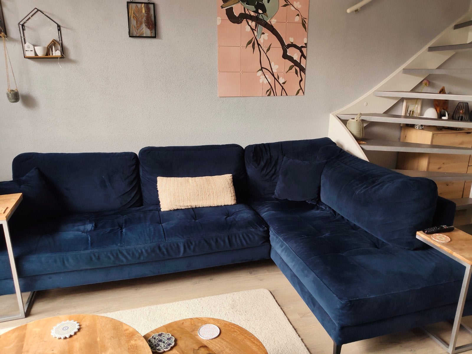 Hoekbank Coco velvet donkerblauw + stoel Goossens, Ophalen, Gebruikt, Stof