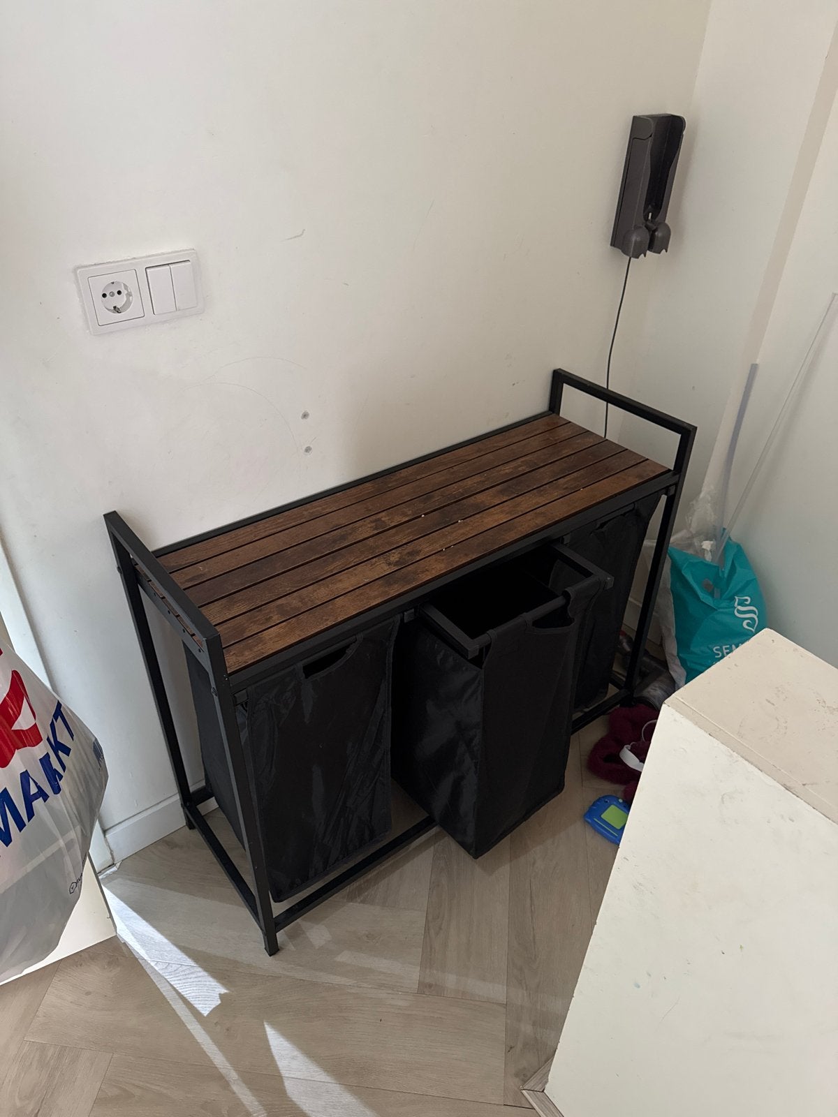Wasmand met 3 vakken en houten blad, Witgoed en Apparatuur, Wasmachines, Gebruikt, Ophalen of Verzenden