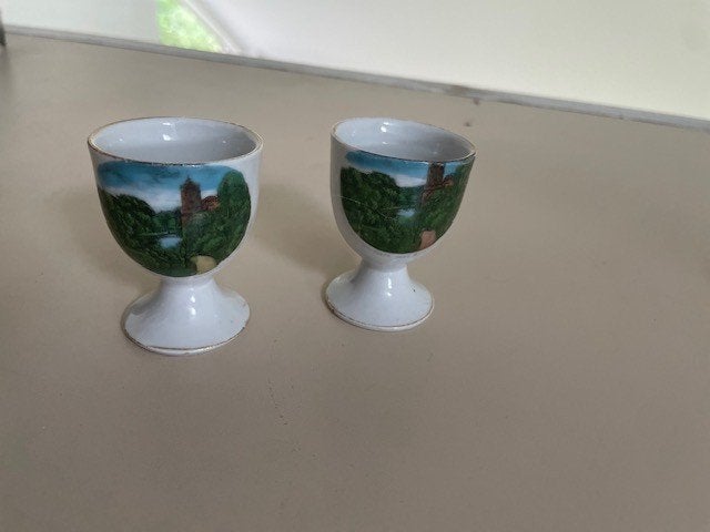 2 x vintage eierdopje porselein Landschap groen blauwe kleur, Antiek en Kunst, Antiek | Servies los, Ophalen