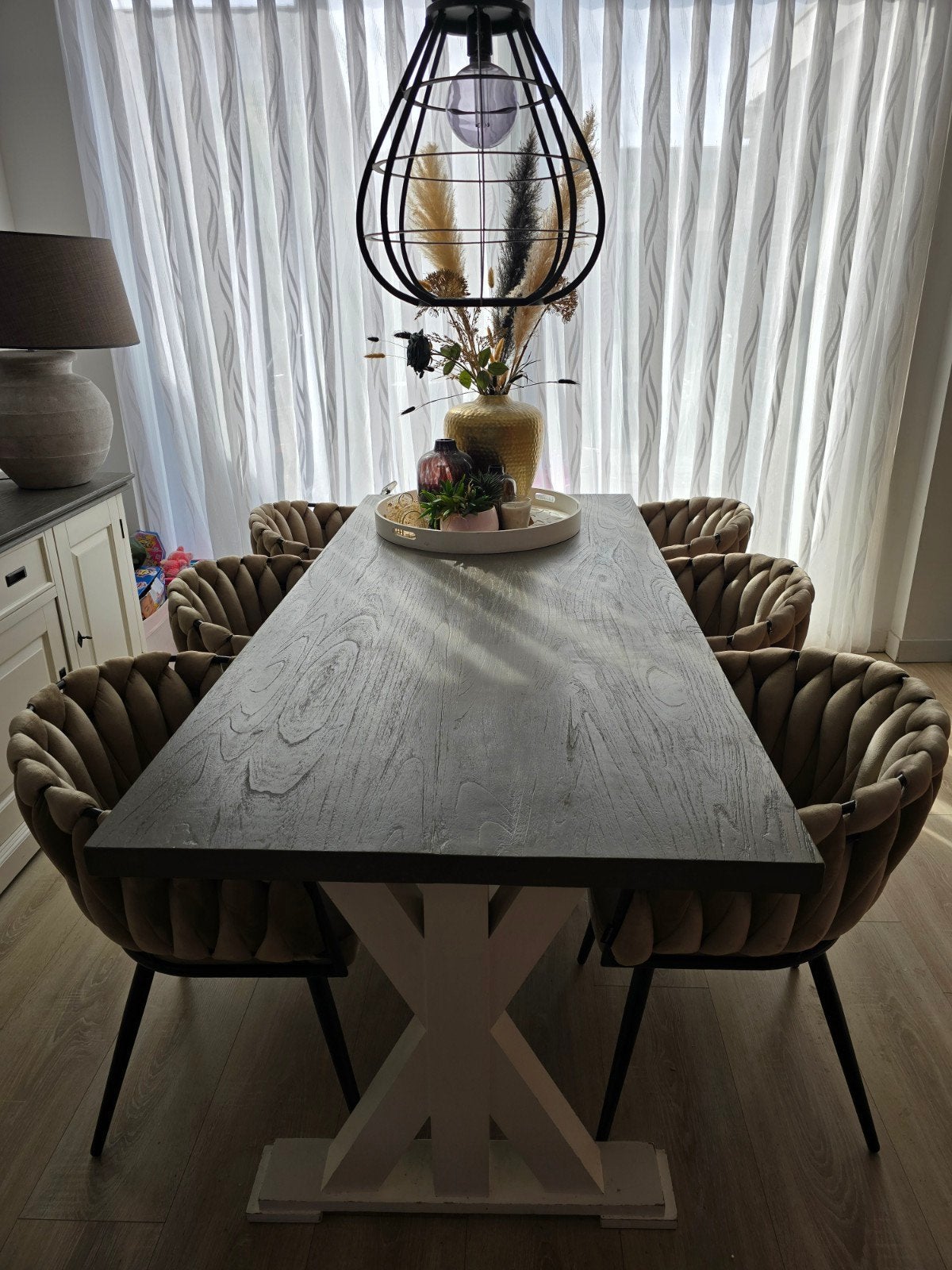 Riverwoods|Eettafel|Mangohout|Taupe/Grijs Blad|Kruispoten, Ophalen, Gebruikt, 200 cm of meer, 50 tot 100 cm