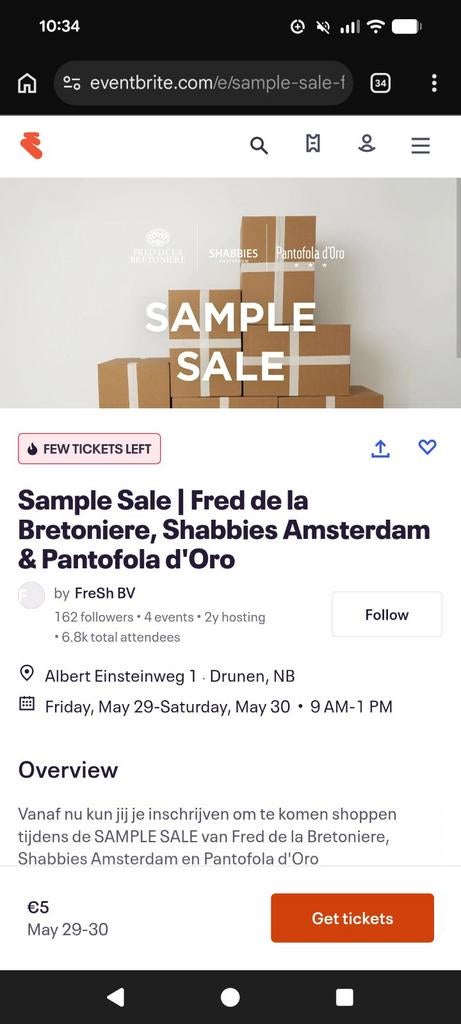 Gezocht ticket sample sale Fred de la Bretoniere, Eén persoon